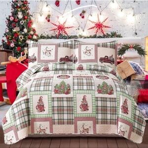 Christmas Quilt Bedding Set King Size Reversible Xmas Bedspread Rustic Lodge Dee